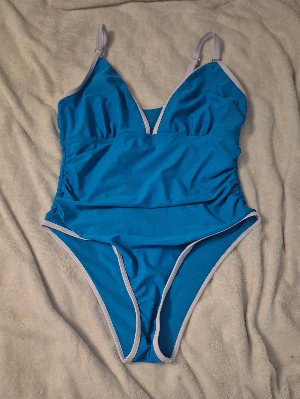 Blue One-Piece Swimsuit with White Trim And Tummy Control Size Medium